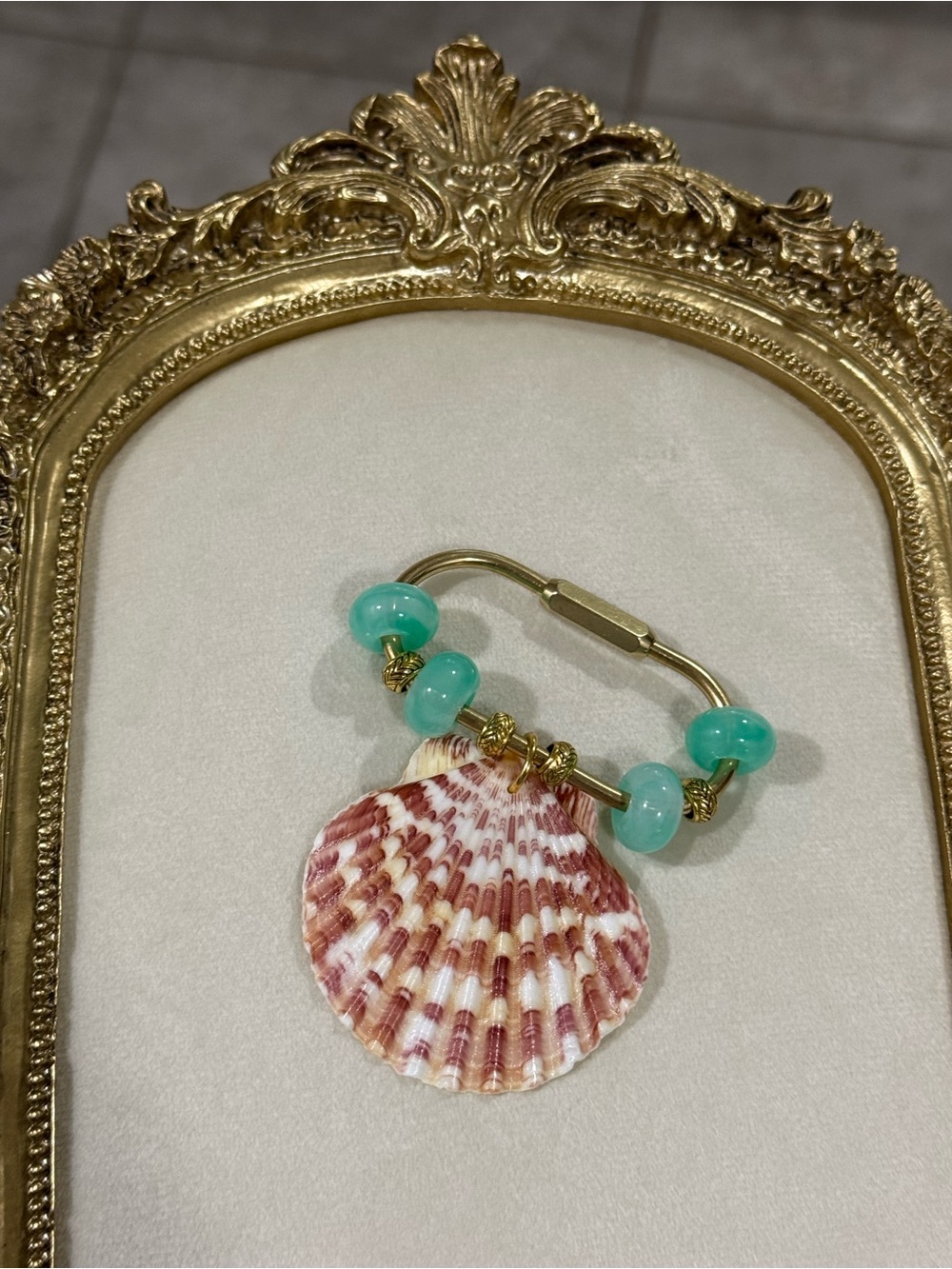 Gold Shell and Aqua Bead Carabiner Keychain - accessories